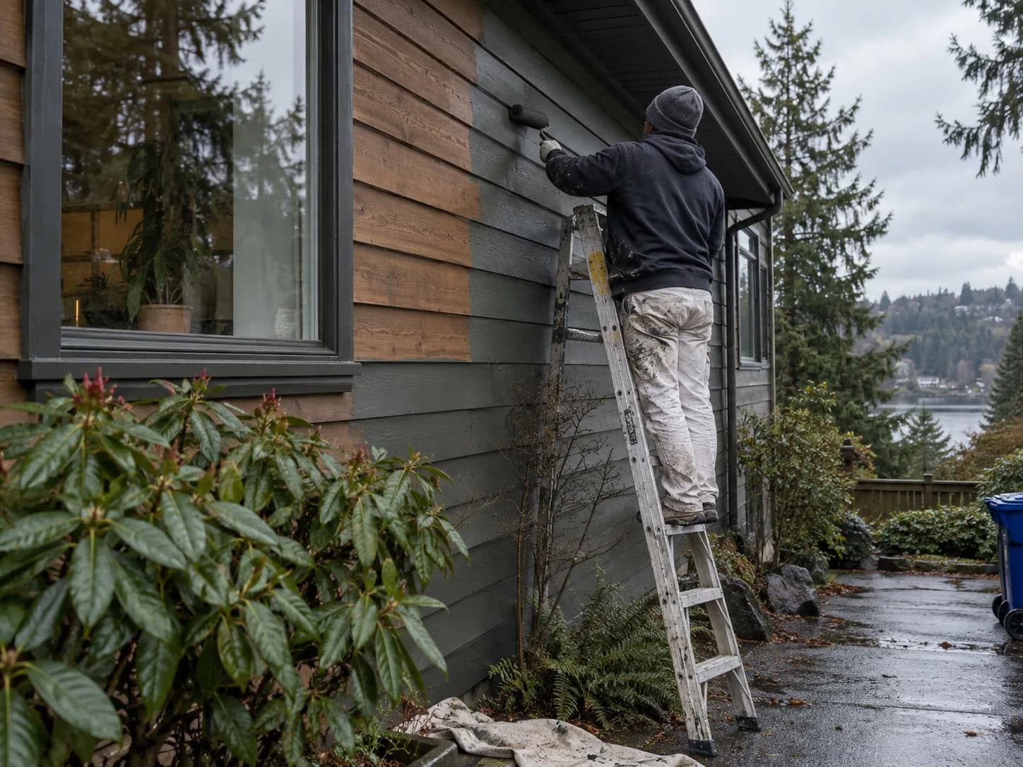 Painted cedar lap siding meeting a pale trim edge, wood grain showing through the coat and rain standing on the surface