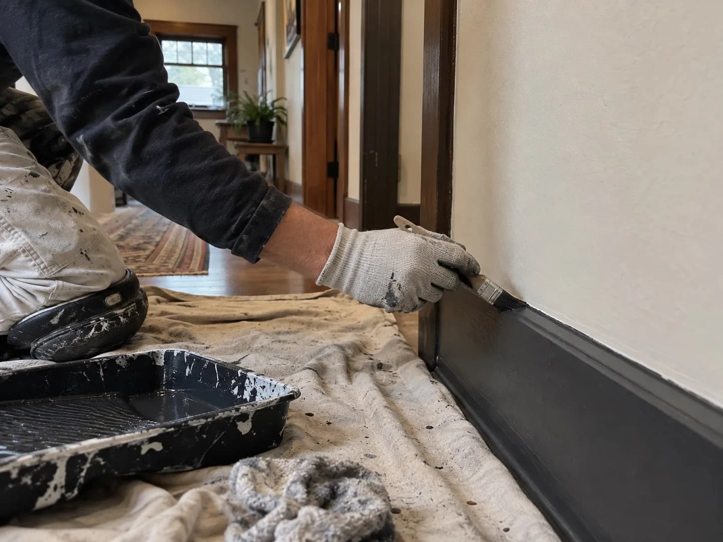 A crisp paint boundary where a pale wall meets darker trim, roller texture raking in low sidelight with masking tape still in place