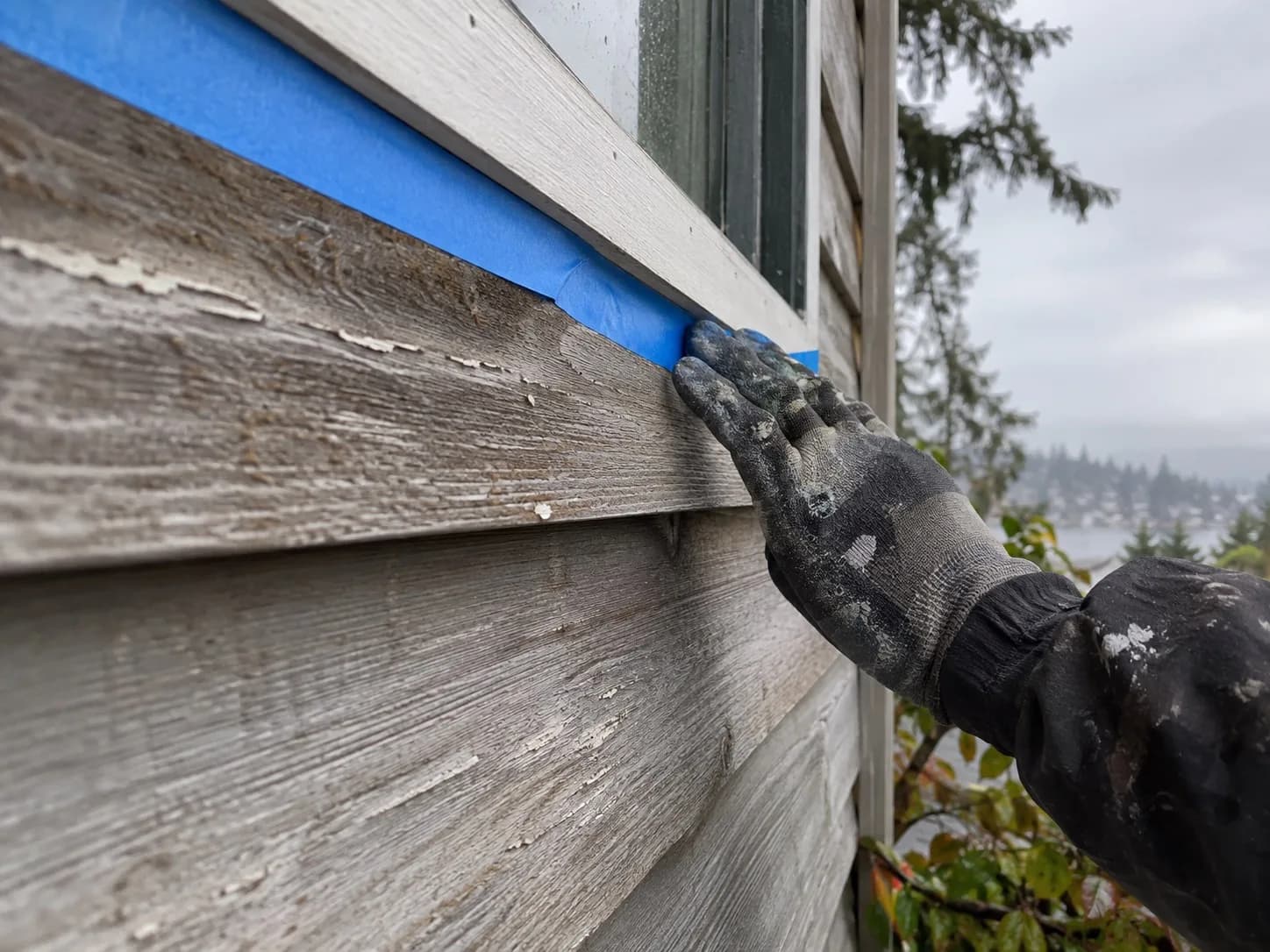 A paint boundary running across a wall, pale above and darker below, with masking tape still stuck along the line and sanding dust caught on its edge