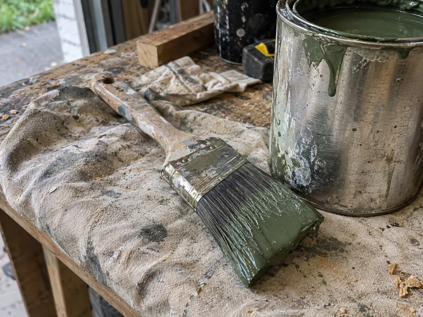 A worn sash brush resting across the rim of an open paint tin with dried drips down its side, standing on a paint-stained canvas drop cloth